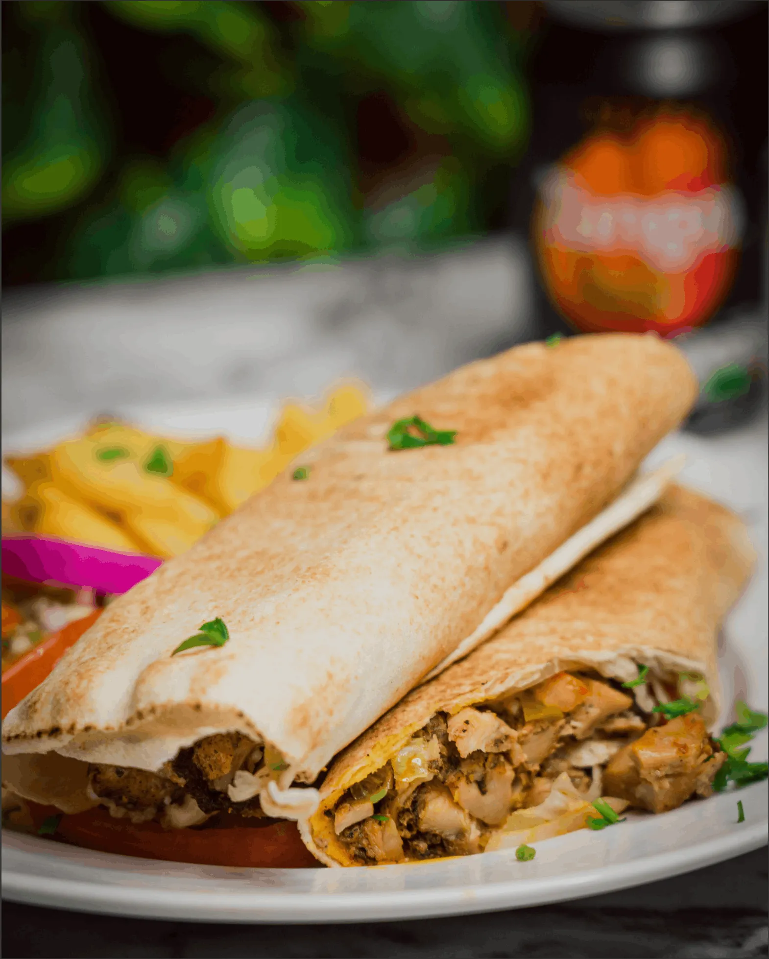 Chicken shawarma wrap on a patterned cloth