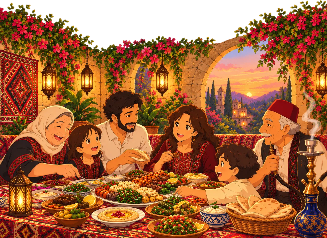 An illustrated Lebanese family feast in a lantern-lit courtyard under bougainvillea: grandparents, parents and children share mezze, grills, hommous and bread, with a shisha beside the table and a sunset through the arch
