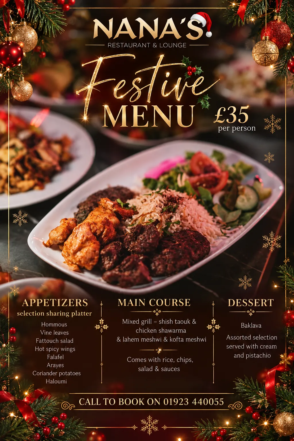 Festive Menu poster: a mixed grill with rice and salad framed by Christmas decorations, £35 per person