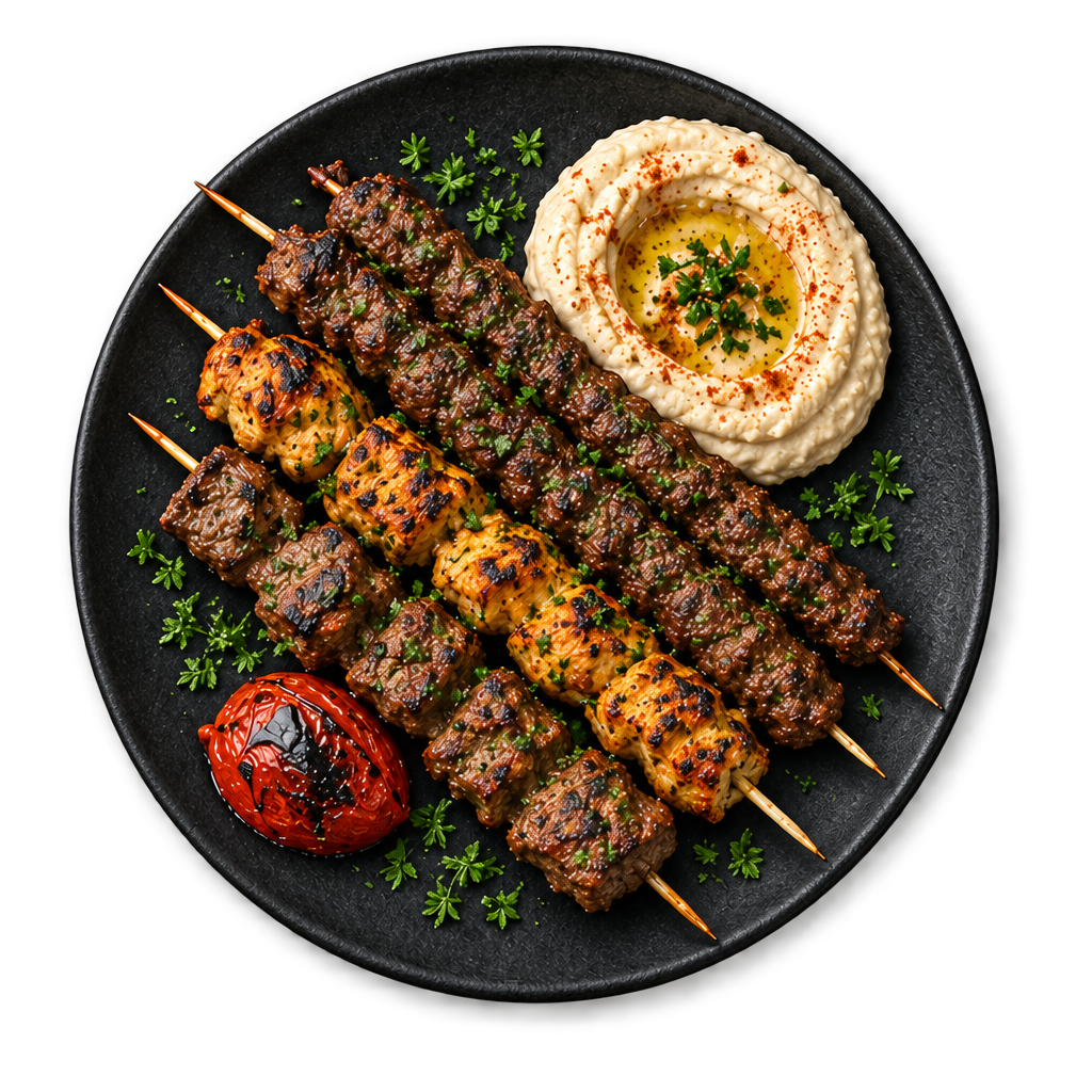 Mixed meshwi: char-grilled lamb kofta, chicken shish taouk and lamb cubes on skewers, with hommous and a grilled tomato, on a black plate